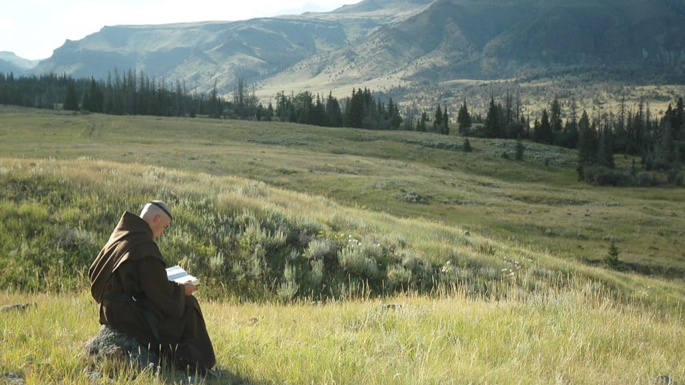 A monk reading alone in a mountain meadow